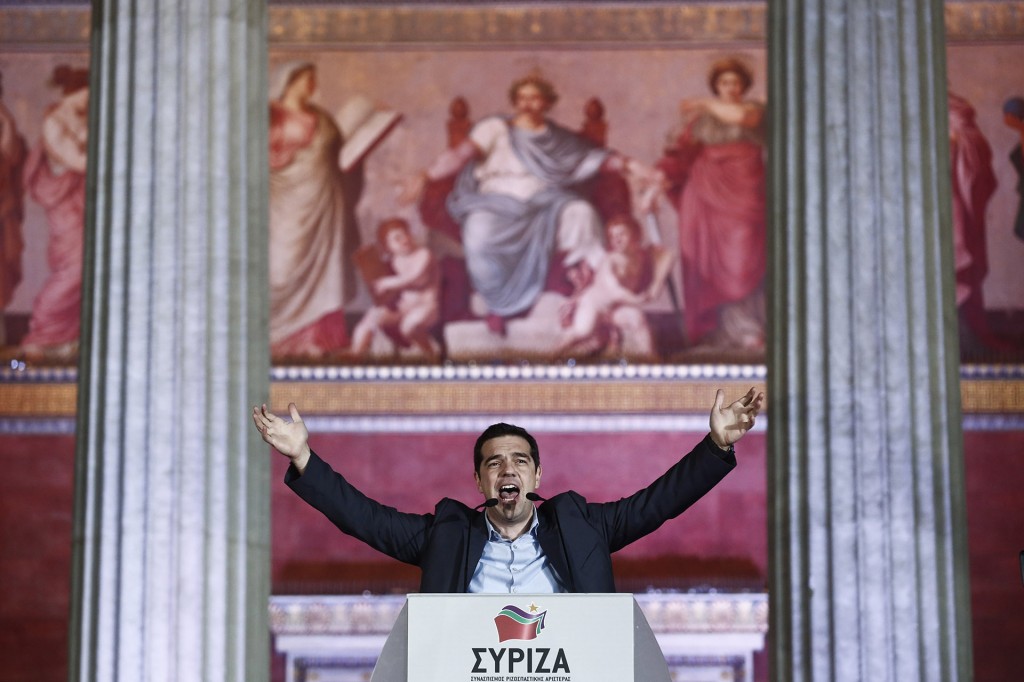 Alex Tsipras, leader of the anti-austerity party Syriza, speaks to supporters after the parliamentary elections in Greece on Jan. 25, 2015.