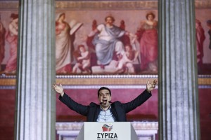 Alex Tsipras, leader of the anti-austerity party Syriza, speaks to supporters after the parliamentary elections in Greece on Jan. 25, 2015. Credit: AP Photo