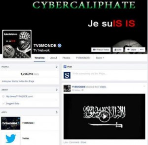 This screenshot provided by TV5 Monde on Thursday, April 9, 2015, shows it's Facebook page hacked by people claiming allegiance to the Islamic State group, in Paris, France (Credit: TV5) Monde