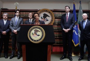At a May 27, 2015, news conference, U.S. Attorney General Loretta E. Lynch announces an indictment against nine officials of the Federation Internationale de Football Association (FIFA) and five corporate executives for racketeering, conspiracy, and corruption. (AP Photo/Mark Lennihan)