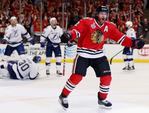 Duncan Keith #2 of the Chicago Blackhawks celebrates after beating goaltender Ben Bishop #30 of the Tampa Bay Lightning to score in the second period of Game Six of the 2015 NHL Stanley Cup Final at the United Center on June 15, 2015 in Chicago, Illinois. (Credit: © Scott Audette, NHLI/Getty Images)