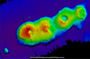 A map of the newly discovered volcanic peaks off Sydney, showing their depth relative to the surface.  Credit: Commonwealth Scientific and Industrial Research Organisation