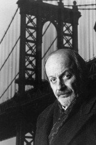 Portrait of American author and editor E L Doctorow in front of the Manhattan Bridge, New York City, 17th February 1989. Credit: © Fred R. Conrad, New York Times/Getty Images