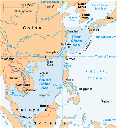 The China Sea is the name of two seas of the Pacific Ocean along the east coast of Asia. The East China Sea extends north from Taiwan to Japan and the Koreas. The South China Sea is connected to the East China Sea by the Taiwan Strait. The South China Sea includes the Gulf of Tonkin and Gulf of Thailand on the west and Manila Bay on the east. The ownership of several island groups in the area, including the Paracel, Senkaku, and Spratly islands, is disputed by neighboring countries. The islands lie near rich fishing waters, and experts believe deposits of oil and natural gas may lie under the sea floor beneath the islands. Credit: WORLD BOOK map