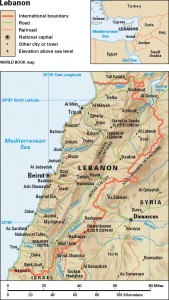 Islamic State bombings killed 43 people in Beirut, the Lebanese capital, on Nov. 12, 2015. Beirut lies only about 30 miles (48 kilometers) from the Syrian border. Credit: WORLD BOOK map