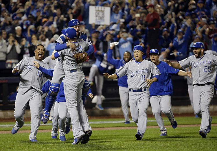 The Kansas City Royals celebrate after Game 5 of the Major League Baseball World Series against the New York Mets Monday, Nov. 2, 2015, in New York. The Royals won 7-2 to win the series. Credit: © David J. Phillip, AP Photo