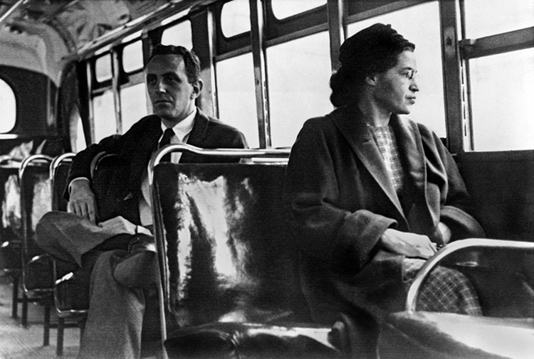 Rosa Parks sits toward the front of a bus in Montgomery, Alabama, soon after the Supreme Court of the United States ruled that segregation on city buses was unconstitutional. Credit: © Underwood Archives/Getty Images