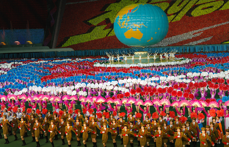 North Korea, which covers the northern half of the Korean Peninsula in East Asia, has a Communist government headed by the Korean Workers' Party. This photograph shows an elaborate festival in Pyongyang, North Korea's capital, celebrating the country's history and government. Credit: © Shutterstock