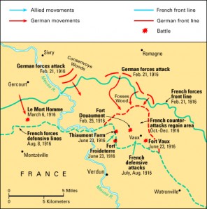 The 1916 Battle of Verdun, in northeastern France, came to symbolize the destructiveness of warfare in World War I. Hundreds of thousands of soldiers died over the exchange of very little ground. Much of the fighting centered on the French forts northeast of Verdun, particularly Vaux and Douaumont. Credit: WORLD BOOK map