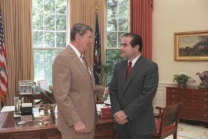 President Reagan talking to Supreme Court Justice nominee Antonin Scalia in the oval office. 7/7/86 Credit: The Ronald Reagan Presidential Library and Museum/NARA