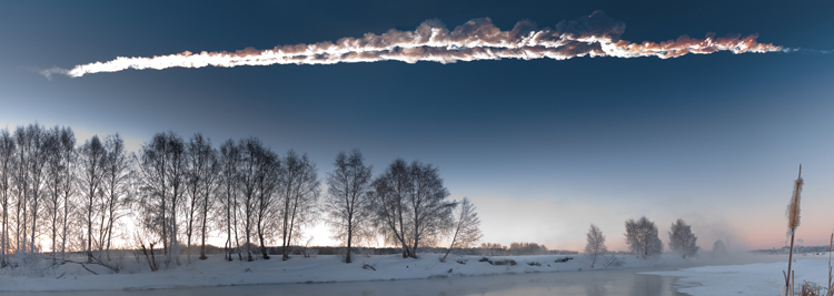 This photograph of the Chelyabinsk meteor streaking through the sky above Chelyabinsk, Russia, on Feb. 15, 2013. The small asteroid was about 56 to 66 feet (17 to 20 meters) wide. Credit: M. Ahmetvaleev/NASA/JPL-Caltech