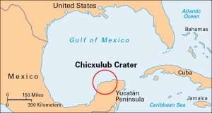 The Chicxulub Crater along the northern coast of Mexico's Yucatán Peninsula formed when an asteroid hit the earth about 65 million years ago. Debris from the impact may have led to the extinction of the dinosaurs. Credit: WORLD BOOK map