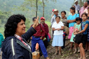 Berta Caceres in the Rio Blanco region of western Honduras where she, COPINH (the Council of Popular and Indigenous Organizations of Honduras) and the people of Rio Blanco have maintained a two year struggle to halt construction on the Agua Zarca Hydroelectric project, that poses grave threats to local environment, river and indigenous Lenca people from the region.  She gathered with members of COPINH and Rio Blanco during a meeting remembering community members killed during the two year struggle.Credit: Goldman Environmental Prize