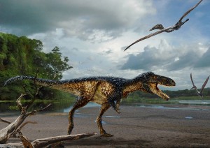 Life reconstruction of the new tyrannosaur Timurlengia euotica in its environment 90 million years ago. It is accompanied by two flying reptiles (Azhdarcho longicollis). The fossilized remains of a new horse-sized dinosaur, Timurlengia euotica, reveal how Tyrannosaurus rex and its close relatives became top predators, according to a new study published in the Proceedings of the National Academy of Sciences. Credit: © Todd Marshall (Smithsonian)