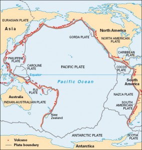 Most of the world's earthquakes occur in the area of the Pacific Ocean known as the Ring of Fire. Credit: WORLD BOOK map