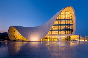 Iraqi-British architect Zaha Hadid designed the Heydar Aliyev Center, seen here, in Baku, Azerbaijan.  Credit: © Elnur, Shutterstock