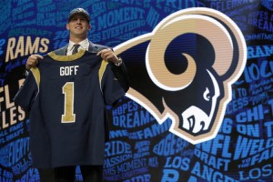 The Los Angeles Rams chose University of California quarterback Jared Goff as the top overall pick in the 2016 NFL draft in Chicago on April 28, 2016.  Credit: © Charles Rex Arbogast, AP Photo