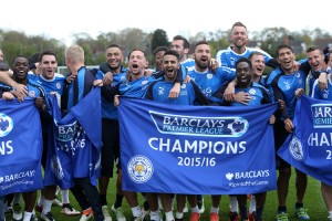 Leicester City players celebrate their Premier League title during a training session at the Leicester City Training Ground on May 3, 2016. Credit: Plumb Images/Getty Images