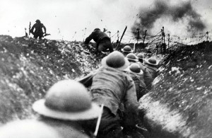 British troops go over the top of the trenches during the Battle of the Somme, 1916. Credit: © Paul Popper, Popperfoto/Getty Images