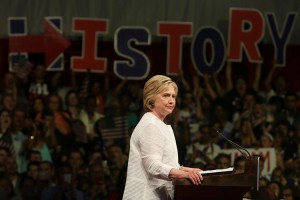 Hillary Clinton speaks at a victory rally at the Brooklyn Navy Yard in New York on June 7th, 2016. Credit: © Krista Kennell, Shutterstock