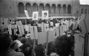 African American and white Mississippi Freedom Democratic Party supporters demonstrating outside the 1964 Democratic National Convention, Atlantic City, New Jersey; some hold signs with portraits of slain civil rights workers James Earl Chaney, Andrew Goodman, and Michael Schwerner.  Credit: Library of Congress