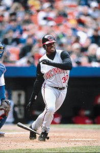 Ken Griffey, Cincinnati Reds vs NY Mets, 4/27/2000 at Shea Ken Griffey, Jr., springs from the batter's box on April 27, 2000, during his first season with the Cincinnati Reds. He hit 40 home runs that year with 118 runs batted in. Credit: © Ezra Shaw, Allsport/Getty Images