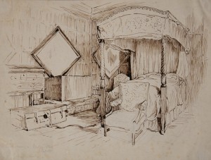 Beatrix Potter newly found illustration - Line Drawing of Chamber Room at Melford Hall. Credit: © Beatrix Potter/National Trust
