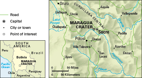 The record-setting dinosaur footprint was found in Maragua Crater just outside Sucre, Bolivia. Credit: WORLD BOOK map