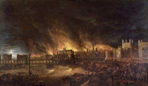 This painting depicts the Great Fire of London, which destroyed much of the city in September 1666. The fire began near London Bridge, at left . The Tower of London, at right , survived the fire. The original St. Paul’s Cathedral, center , engulfed in flames, did not. Credit: The Great Fire of London in 1666, oil on panel, Dutch School (17th century); Museum of London (Bridgeman Images) 