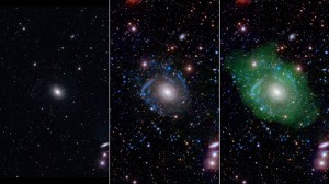 At left, in optical light, UGC 1382 appears to be a simple elliptical galaxy. But spiral arms emerged when astronomers incorporated ultraviolet and deep optical data (middle). Combining that with a view of low-density hydrogen gas (shown in green at right), scientists discovered that UGC 1382 is huge, about 718,000 light-years wide. Credit: NASA/JPL/Caltech/SDSS/NRAO