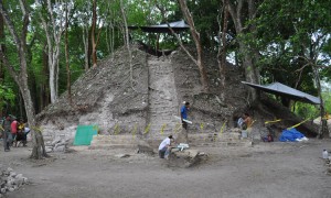 Archaeologists work at the pyramidal structure that hid the discovered tomb at Xunantunich, Belize.The excavation site at Xunantunich, Belize. Credit: © Jaime Awe, Belize Institute of Archaeology/Northern Arizona University
