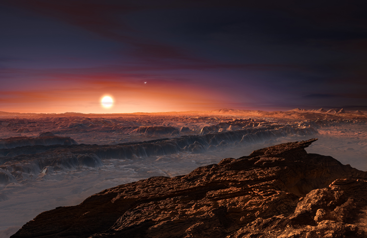 This artist’s impression shows a view of the surface of the planet Proxima b orbiting the red dwarf star Proxima Centauri, the closest star to the Solar System. The double star Alpha Centauri AB also appears in the image to the upper-right of Proxima itself. Proxima b is a little more massive than the Earth and orbits in the habitable zone around Proxima Centauri, where the temperature is suitable for liquid water to exist on its surface. Credit: ESO/M. Kornmesser