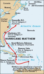 The storm path of Hurricane Matthew. Credit: WORLD BOOK map