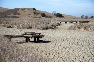 Drought conditions in California, dried up lake bed with pier jetty out over the cracked earth with harsh sunlight heating up the landscape, dead grass in the background. Credit: © Sheila Fitzgerald, Shutterstock