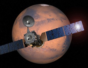 Artist’s impression depicting the ExoMars 2016 entry, descent and landing demonstrator module, named Schiaparelli, on the Trace Gas Orbiter, and heading for Mars.Credit: ESA/David Ducros