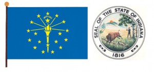 Indiana's state flag, at left, adopted in 1917, has a torch that stands for liberty and enlightenment. The 19th and largest star above the torch represents Indiana, the 19th state. The state seal, at right, shows a pioneer scene. The sun setting behind the hills represents Indiana's historic position as a foothold in the westward movement. Between 1816 and 1963, there were more than 200 variations of the seal. The present seal was officially adopted in 1963. Credit: World Book illustrations