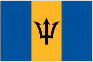 The flag of Barbados has three wide, vertical stripes. the two outer stripes are blue (for the sea and sky) and the center stripe is orange (for the sand of the beaches). A black trident head with a broken shaft is in the center. It stands for Neptune, the sea god, and for the change from dependence to independence. Credit: © Dream Maker Software
