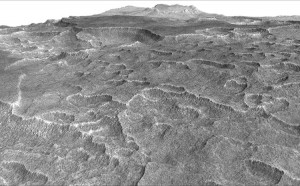 This vertically exaggerated view shows scalloped depressions in Mars' Utopia Planitia region, prompting the use of ground-penetrating radar aboard NASA's Mars Reconnaissance Orbiter to check for underground ice. Credit: NASA/JPL-Caltech/Univ. of Arizona