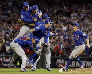 Chicago Cubs celebrate after Game 7 of the Major League Baseball World Series against the Cleveland Indians Thursday, Nov. 3, 2016, in Cleveland. The Cubs won 8-7 in 10 innings to win the series 4-3. Credit: © Matt Slocum, AP Photo