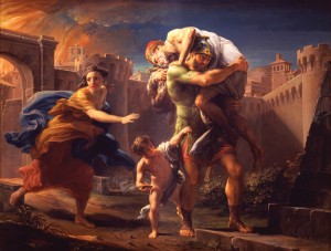Aeneas fleeing Troy. Credit: Aeneas Fleeing Troy oil painting by Pompeo Batoni (1708-1787), Galleria Sabauda, Turin, Italy (© Scala/Art Resource)