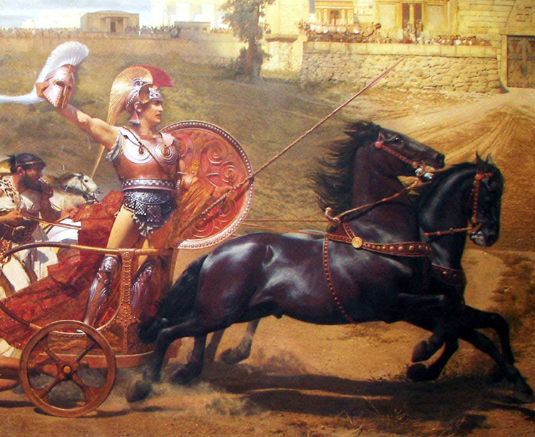 Triumphant Achilles- The original painting is a fresco on the upper level of the main hall of the Achilleion at Corfu, Greece. Credit: The Triumph of Achilles (1892), by Franz von Matsch; Achilleion Palace 