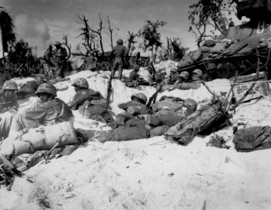 Peleliu Island...Marines move through the trenches on the beach during the battle." September 15, 1944. Credit: National Archives