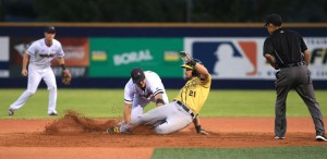 Brisbane Bandits center fielder Tommy Milone slides safely into second base during his team’s 3-1 win over the Melbourne Aces at Melbourne Ballpark on Feb. 11, 2017, in Melbourne, Australia. The win made Brisbane champions of the Australian Baseball League for the second consecutive year. Credit: © SMP Images