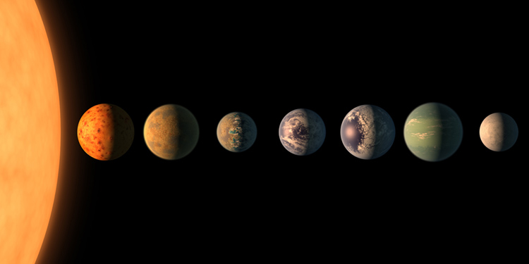 This artist's concept shows what each of the TRAPPIST-1 planets may look like, based on available data about their sizes, masses and orbital distances. Credit: NASA/JPL-Caltech