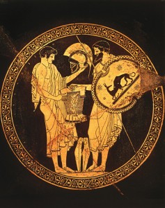 Odysseus was an important character in both the Iliad and the Odyssey. This ancient Greek painting portrays the bearded Odysseus giving the armor worn by the slain Greek hero Achilles to Achilles’s warrior son Neoptolemus. Credit: Red-figure painting on a cup (about 490 B.C.) by Douris; Kunsthistorisches Museum, Vienna (Interfoto Pressebildagentur/Alamy Images)