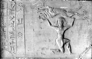 The Sumerian hero Gilgamesh, shown here in a relief sculpture presenting a lion he has slain to the gods, is the main character in one of the oldest poems in world literature. The earliest verses of the Epic of Gilgamesh were composed before 2000 B.C. in Mesopotamia. Credit: © Werner Forman, Art Resource