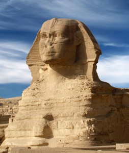A sphinx is a mythical creature with the body of a lion and the head of a human, falcon, or ram. Sphinxes figure in stories of ancient people from Egypt, Greece, and the Middle East. The Great Sphinx, shown here, is a huge limestone statue created near Giza, Egypt, about 4,500 years ago. Credit: © Dreamstime