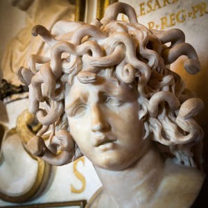 This portrait of Medusa is not terribly fearsome—if you can overlook the venoous snakes for hair. Portrait of Medusa In Greek mythology Medusa was a monster, a Gorgon, generally described as a winged human female with a hideous face and living venomous snakes in place of hair. Credit: © Davide Catoni, Shutterstock