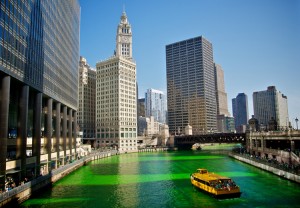 St. Patrick's Day Chicago River. A large parade is held traditionally Irish neighborhoods of Chicago, too, where the every year the Chicago River is dyed (harmlessly) a bright green in honor of the holiday. Credit: Max Talbot-Minkin (licensed under CC BY 2.0) 