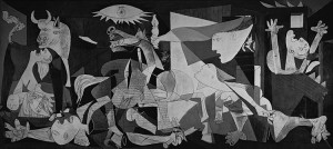Guernica is considered one of Picasso's masterpieces. Picasso painted this symbolic work as a protest against the 1937 bombing of the Spanish town of Guernica in the Spanish Civil War. Credit: Oil on canvas, 25 1/2 by 11 1/2 feet (7.8 by 3.5 meters); the Reina Sofia Museum, Madrid (MAS); © Estate of Pablo Picasso/Artists Rights Society (ARS), New York.